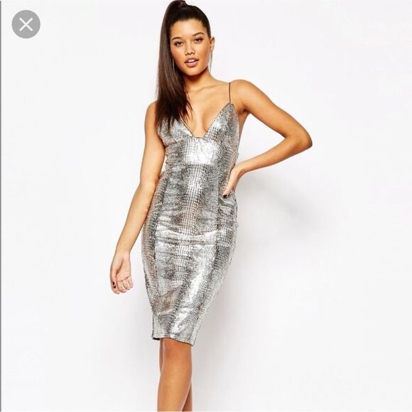 Rare London silver sequin foil cocktail mini dress sexy 6 - Picture 1 of 5